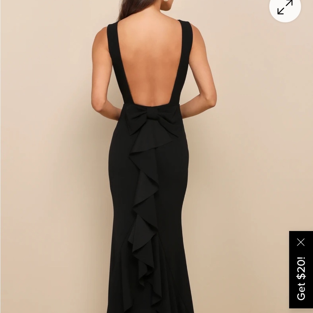 Lulu's Exquisite Refinement Black Backless Bow Ruffled Maxi Dress